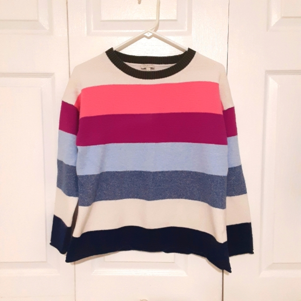 Talbots petite large horizontal striped sweater pink blue crew neck